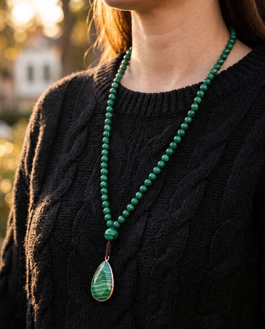 Malachite necklace worn